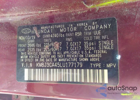 2020 Hyundai Tucson Value z USA, uszkodzony, nr VIN KM8J3CA45LU177179